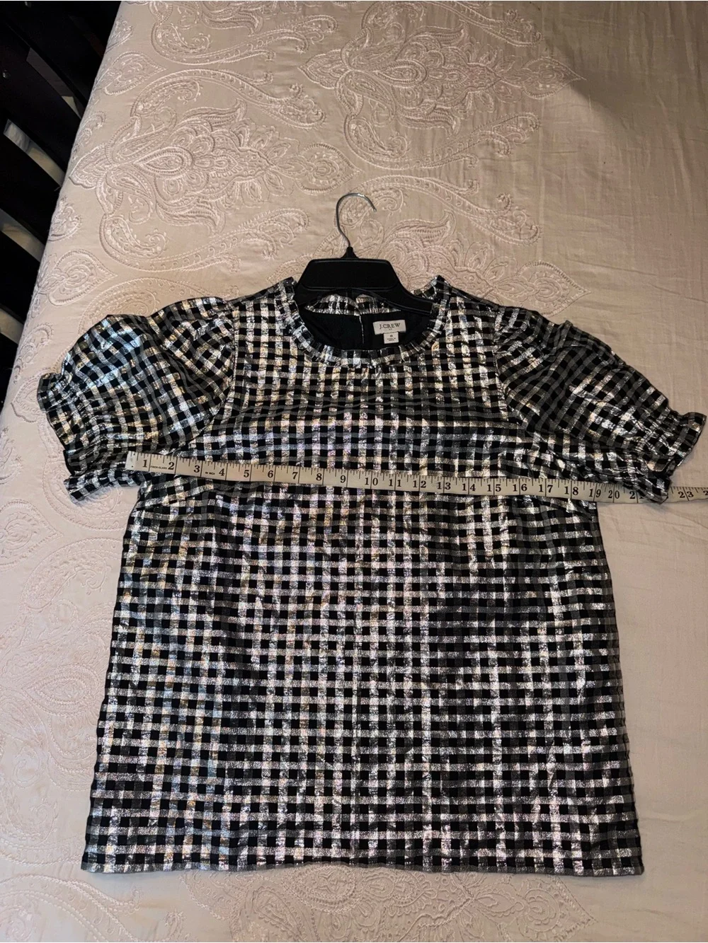 J.Crew Metallic Gingham Puff Sleeve Blouse Silver & Black Size S